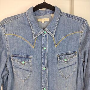 Stetson Western Denim Jean Shirt w/ Turquoise Western snaps Women Sz L Blue